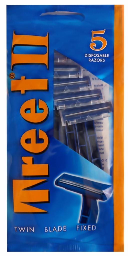Opakowanie pięciu jednorazowych maszynek do golenia z dwoma ostrzami, widoczne przez przezroczyste okienko w niebieskim opakowaniu z pomarańczowymi napisami.