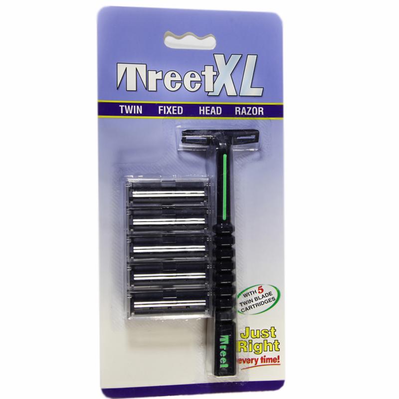 Opakowanie jednorazowej maszynki do golenia TreetXL z wymiennymi wkładami, widoczne ostrza i zielony pasek nawilżający.