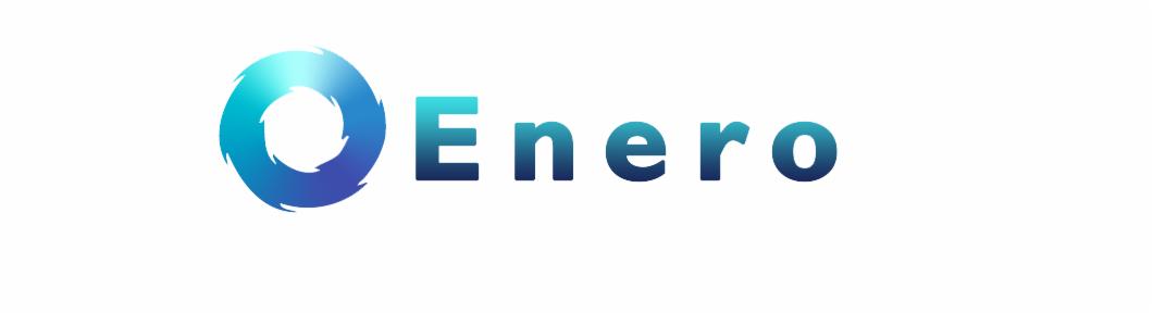 Logo firmy z nazwą 'Enero', z gradientem koloru od jasnego turkusu do ciemnego granatu, na białym tle.