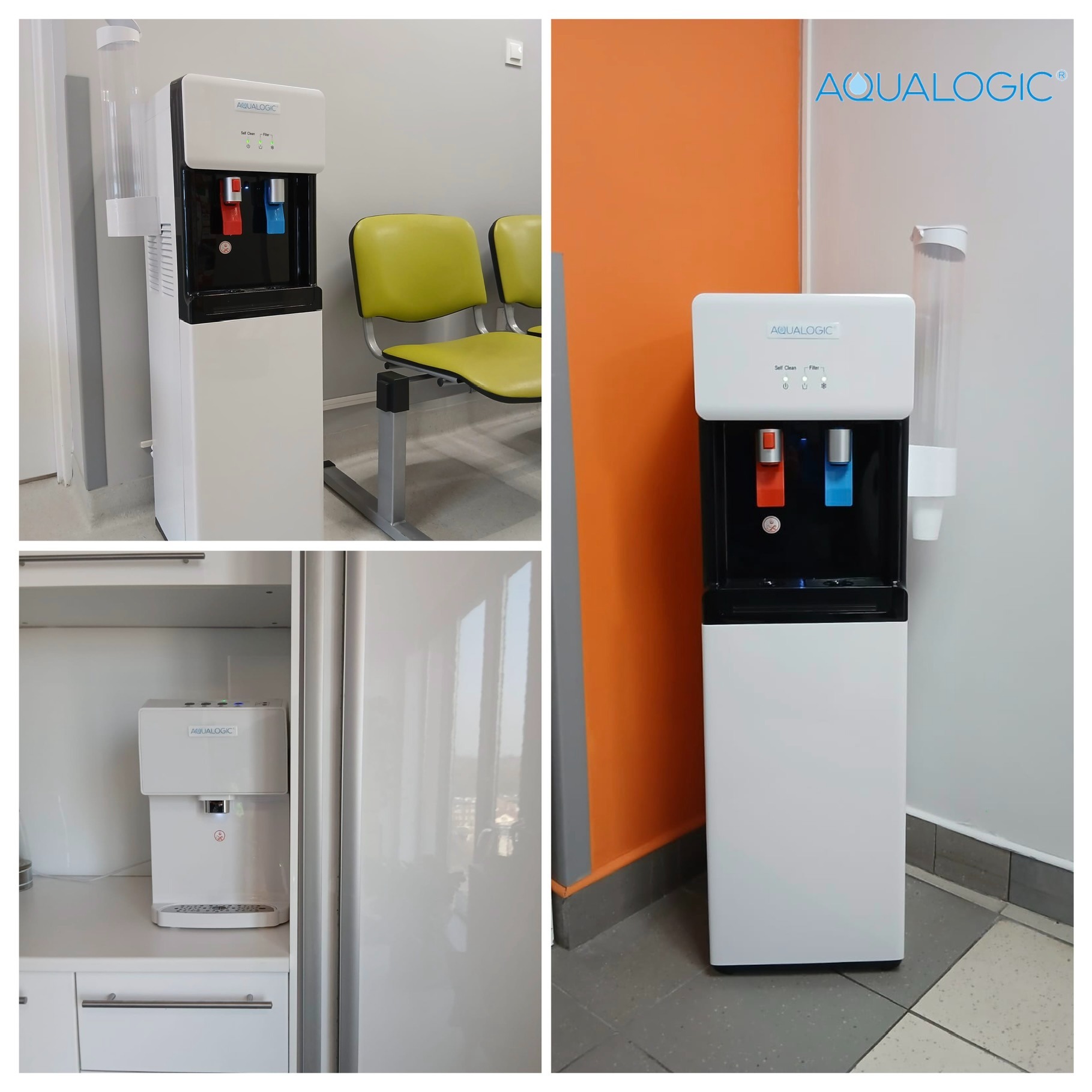 Nowoczesny dystrybutor wody Aqualogic w biurze, z czerwonym i niebieskim kranikiem. Widoczne logo firmy. Dystrybutor stoi na tle pomarańczowej ściany i szarych płytek.