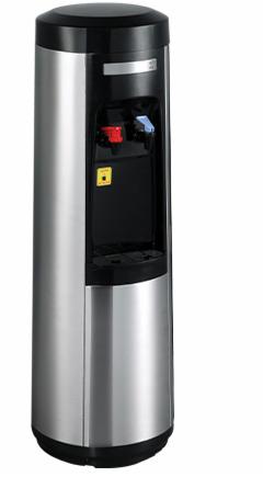 Nowoczesny dystrybutor wody w obudowie ze stali nierdzewnej, z czarnymi elementami, przeznaczony do biur i firm, z kranikami na wodę zimną i gorącą.