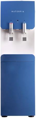 Niebieski dystrybutor wody Waterpia z dwoma kranami, stojący na białym tle, z widocznymi detalami kranów i logo.
