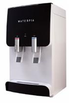 Dozownik wody Waterpia, czarno-biały, z dwoma kranikami na wodę ciepłą i zimną, widok z przodu, nowoczesny design, do biura lub domu.