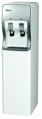 Nowoczesny dystrybutor wody w kolorze białym i srebrnym, z dwoma kranami i diodami LED, stojący na białym tle, gotowy do użytku.