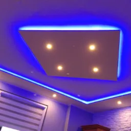 Sufit podwieszany z centralnym kwadratem, oświetlony niebieskim światłem LED, z dodatkowymi punktowymi lampami, widoczny fragment ściany z dekoracyjną fakturą kamienia i okno z żaluzjami.