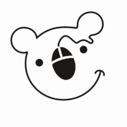 Uproszczony czarno-biały rysunek przedstawiający głowę misia, gdzie zamiast nosa jest myszka komputerowa podłączona przewodem do głowy, tworząc uśmiech.