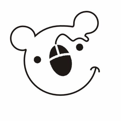 Uproszczony czarno-biały rysunek przedstawiający głowę misia, gdzie zamiast nosa jest myszka komputerowa podłączona przewodem do głowy, tworząc uśmiech.