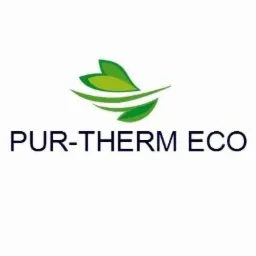 Logo firmy PUR-THERM ECO z zielonym symbolem liści nad nazwą, na białym tle. Minimalistyczny design.