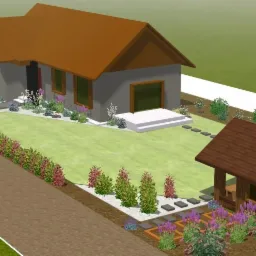 Wizualizacja 3D projektu zagospodarowania terenu wokół domu jednorodzinnego z ogrodem, ścieżką z kostki, altaną i dwoma samochodami.