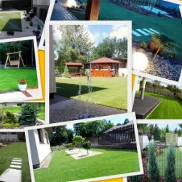 Kolaż zdjęć przedstawiających różnorodne aranżacje ogrodów: trawniki, rabaty, ścieżki, altany, huśtawki, oświetlenie ogrodowe, systemy nawadniania, ogrodzenia, drzewa i krzewy ozdobne.