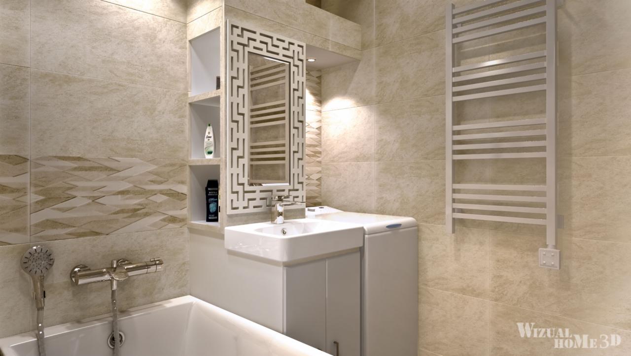 Beżowa łazienka z umywalką, lustrem w geometrycznej ramie i grzejnikiem drabinkowym. Widoczna wanna i półki z kosmetykami. Ciepłe oświetlenie.