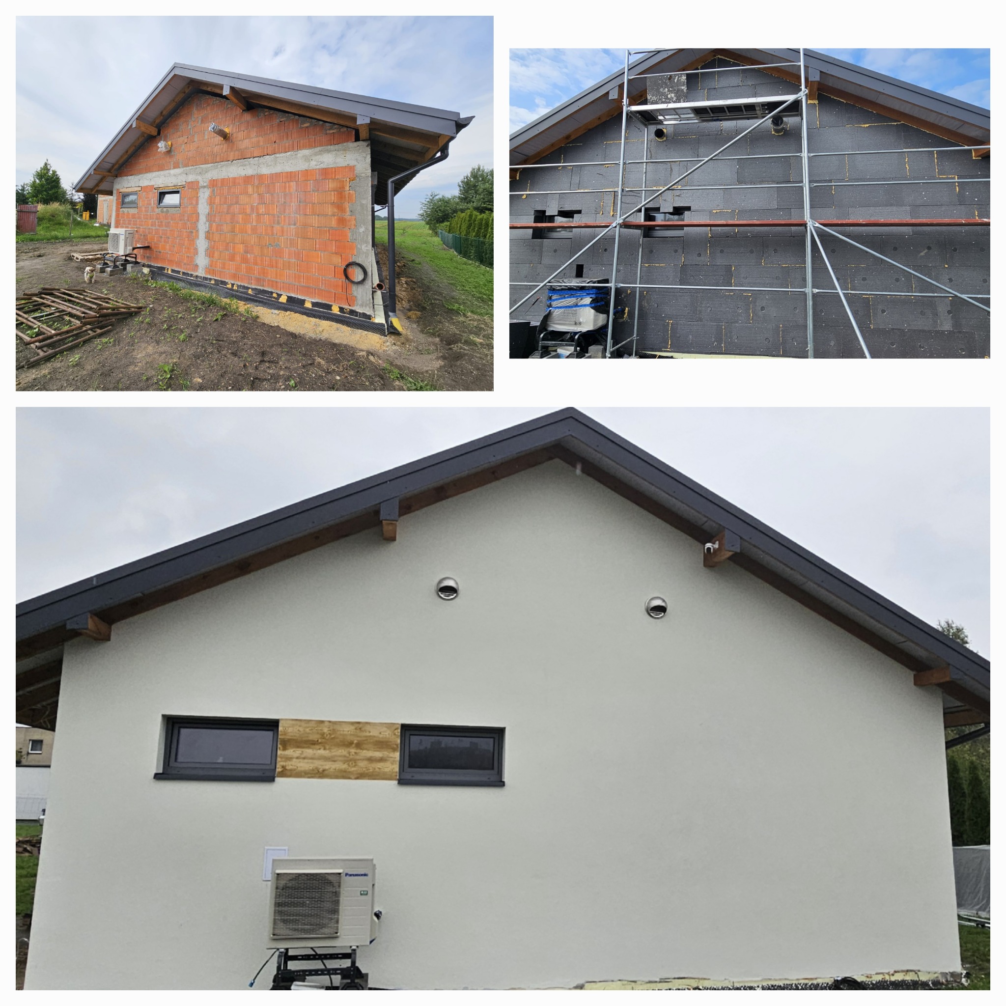 Budynek w trakcie ocieplania: widoczna cegła, izolacja styropianowa, rusztowania, fragment otynkowanej elewacji z zamontowanym oknem i jednostką zewnętrzną klimatyzacji.