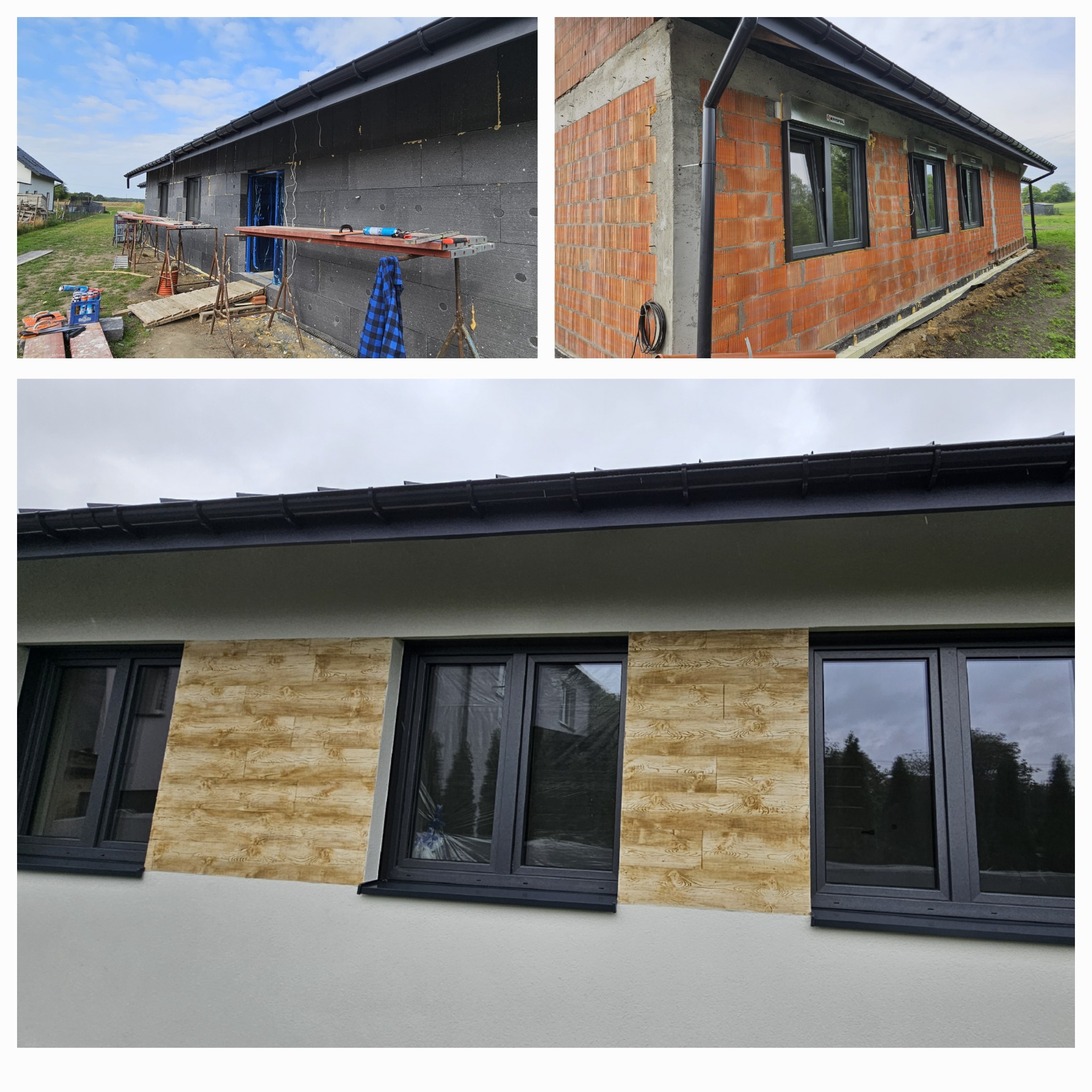 Trzy etapy prac na elewacji domu: ocieplenie styropianem, surowa cegła z oknami PCV i wykończona elewacja z oknami PCV i imitacją drewnianej okładziny.