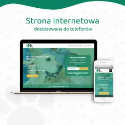 Responsywna strona internetowa dla weterynarza wyświetlana na laptopie MacBook i smartfonie, z zielono-białym motywem i zdjęciem golden retrievera, z hasłem 'Strona internetowa dostosowana...