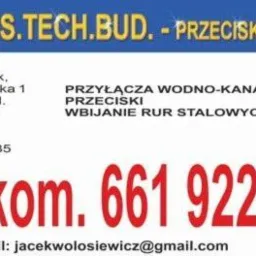 Wizytówka firmy instalacyjnej z Białegostoku, oferującej przyłącza wodno-kanalizacyjne i wbijanie rur stalowych, z adresem, telefonem i adresem e-mail.