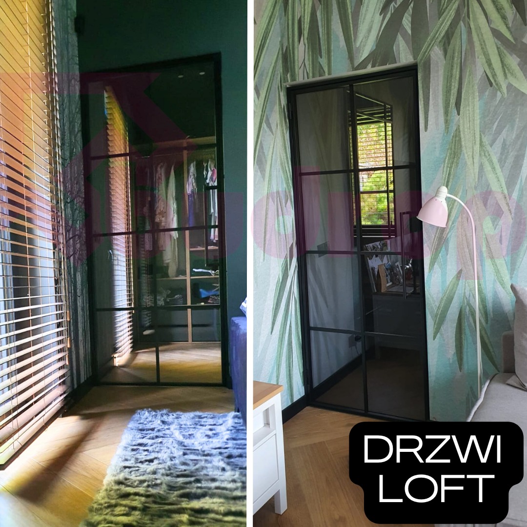 Dwa ujęcia loftowych drzwi z czarnymi szprosami: po lewej drzwi do garderoby z widoczną zawartością, po prawej drzwi w pokoju z tapetą w liście i lampą podłogową.