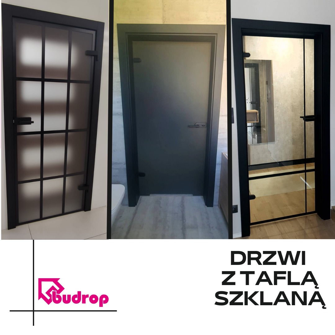 Kompozycja trzech czarnych drzwi: przeszklone z kratownicą, pełne i z taflą szkła, prezentacja firmy Budrop.