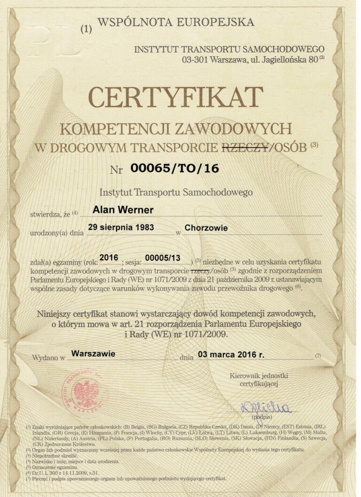 Certyfikat kompetencji zawodowych w drogowym transporcie rzeczy/osób, wydany przez Instytut Transportu Samochodowego w Warszawie, z danymi personalnymi i datą wydania.