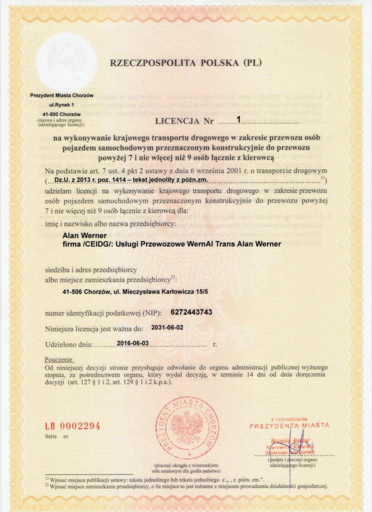Licencja na krajowy transport drogowy w zakresie przewozu osób, wydana w Chorzowie Alanowi Wernerowi. Dokument z datą ważności do 2031-06-02.
