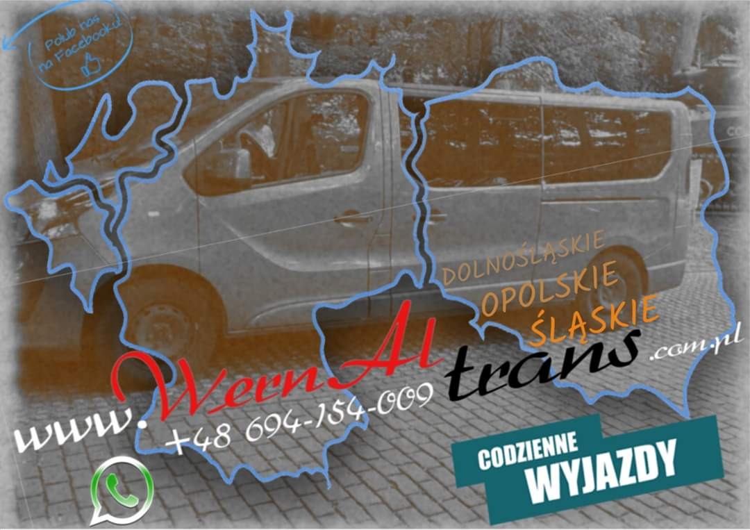 Reklama firmy transportowej z busem obrysowanym konturem Polski, z hasłem 'Codzienne wyjazdy' oraz informacjami kontaktowymi i linkiem do Facebooka.