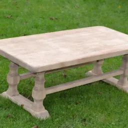 Stolik kawowy z jasnego drewna po renowacji, stojący na trawie, z widoczną strukturą drewna i ozdobnymi nogami.