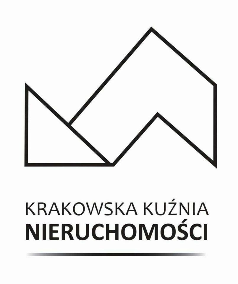 Logo firmy Krakowska Kuźnia Nieruchomości z abstrakcyjnym symbolem domu powyżej nazwy, czarne linie na białym tle.