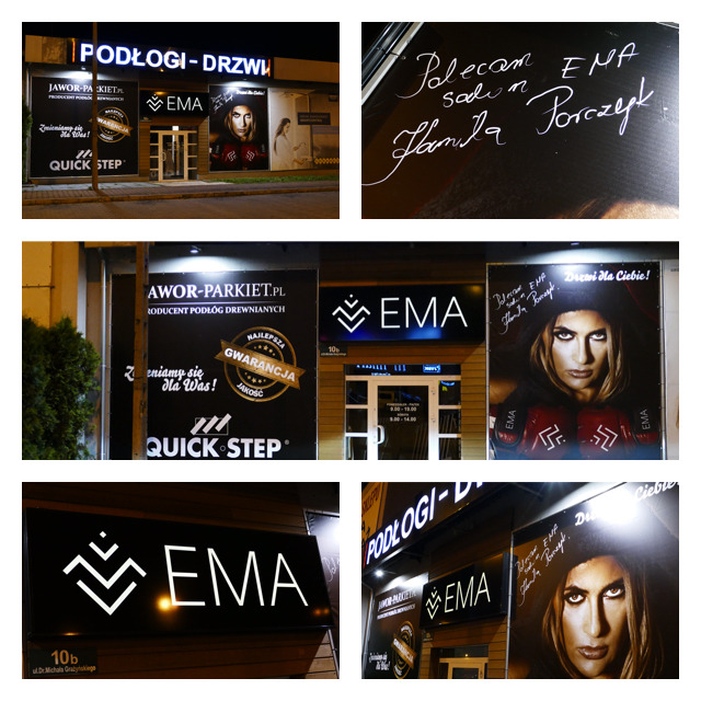 Fasada sklepu w Bielsko-Białej z logo 'EMA' oferującego podłogi i drzwi, widoczne reklamy 'Jawor-Parkiet' i 'Quick-Step' oraz godziny otwarcia.