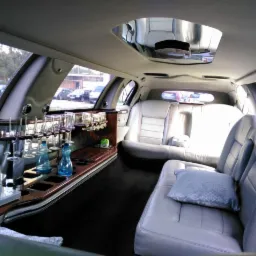 Wnętrze luksusowej limuzyny z barem, szklankami, napojami i skórzanymi siedzeniami. Widok na okno i inne pojazdy na zewnątrz. Komfort i elegancja w podróży.