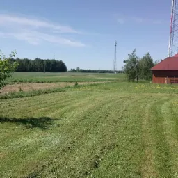 Rozległy teren zielony po koszeniu, z widocznymi śladami kosiarki, pojedynczym drzewkiem, w tle pola uprawne, wieża telekomunikacyjna oraz budynek stacji paliw.