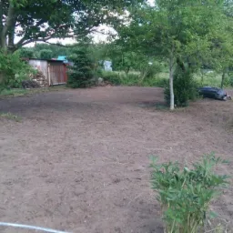 Przygotowany teren pod budowę lub ogród z widoczną łyżką koparki po prawej stronie, kilka drzew pozostało na działce, w tle widoczny drewniany budynek gospodarczy.