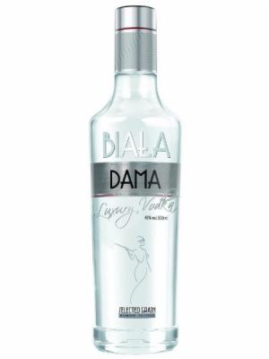 Elegancka butelka wódki BIAŁA DAMA Luxury Vodka 40% vol 500ml z srebrną etykietą i minimalistycznym rysunkiem kobiety. Idealna na ekskluzywne przyjęcia.