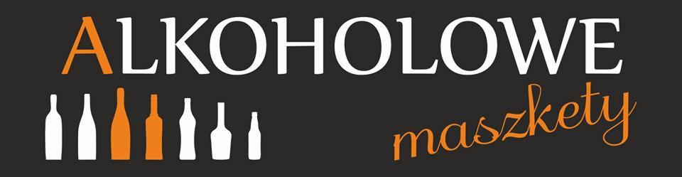 Grafika: napis 'ALKOHOLOWE' w bieli i pomarańczy, poniżej sylwetki butelek i napis 'maszkiety' w kolorze pomarańczowym na ciemnym tle.
