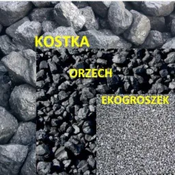 Kompozycja trzech rodzajów węgla: kostka, orzech i drobny ekogroszek, z żółtymi etykietami opisującymi każdy rodzaj.