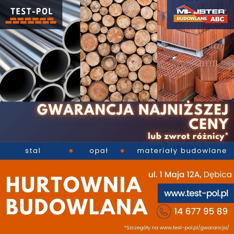 Kolaż reklamowy hurtowni budowlanej: rury stalowe, ułożone polana drewna, pustaki ceramiczne, informacja o gwarancji najniższej ceny oraz dane kontaktowe firmy.