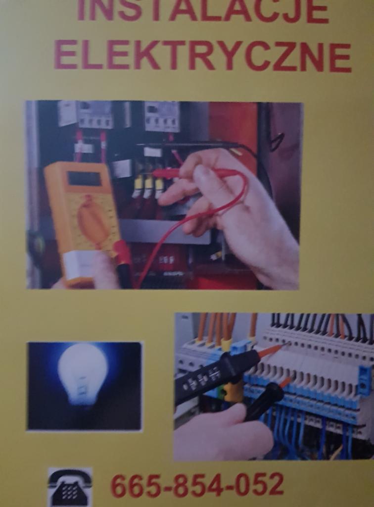Żółte tło z napisem 'Instalacje Elektryczne' i trzema zdjęciami: pomiar napięcia w skrzynce elektrycznej multimetrem, żarówka oraz pomiar napięcia w listwie zaciskowej