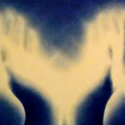 Abstrakcyjna wizualizacja układu kostnego miednicy w odcieniach błękitu i złamanej bieli, przypominająca prześwietlenie rentgenowskie z efektem rozmycia.