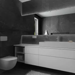 Nowoczesna łazienka w odcieniach szarości z marmurowymi płytkami, białymi szafkami pod umywalką i wiszącą toaletą, oświetlona listwą LED nad lustrem.