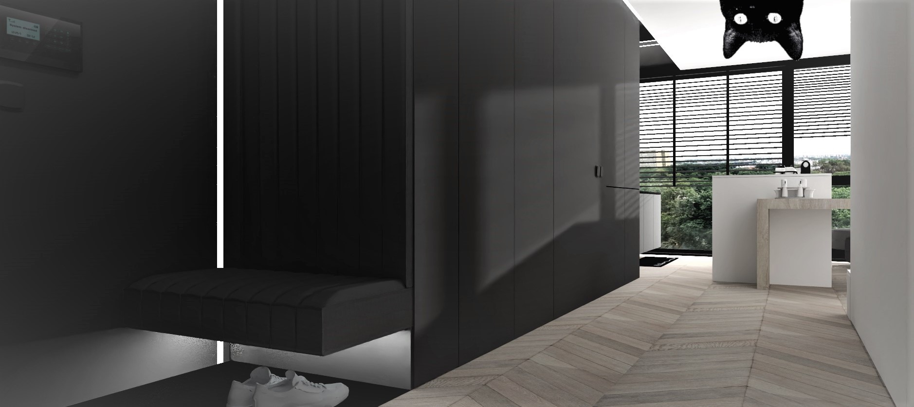 Nowoczesne wnętrze przedpokoju z czarną zabudową meblową, siedziskiem z podświetleniem LED, parkietem w jodełkę i widokiem na kuchnię z oknem na zieleń.