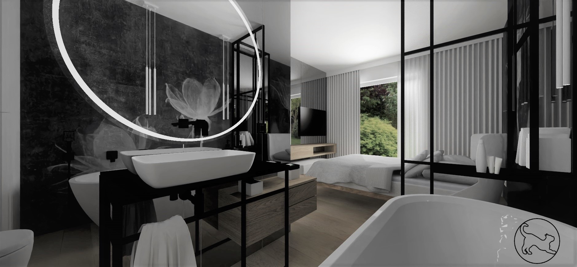 Wizualizacja łazienki z sypialnią, z umywalką na czarnym stelażu, okrągłym lustrem z podświetleniem LED i fototapetą z motywem kwiatowym; w tle sypialnia z łóżkiem i telewizorem, oddzielona szklaną...