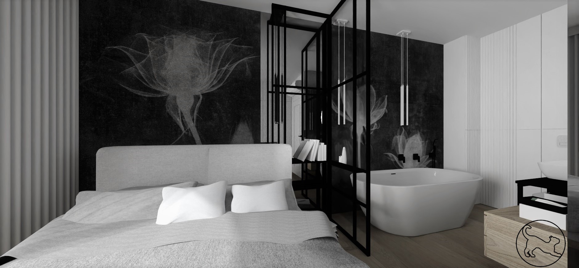 Nowoczesna sypialnia z wydzieloną strefą kąpielową, czarno-biała tapeta z motywem kwiatowym, wolnostojąca wanna, szklana ścianka działowa z czarnymi profilami, łóżko z szarą tapicerką i białymi...