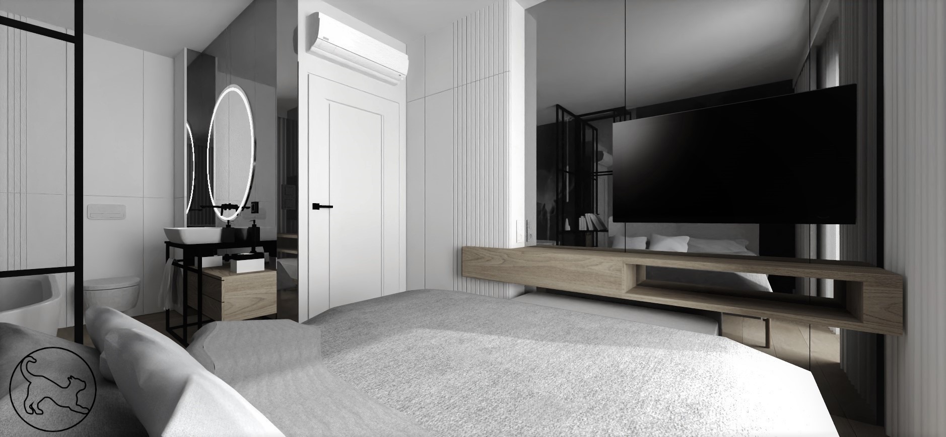 Nowoczesna sypialnia z łazienką za szklaną ścianą, minimalistyczny design, białe ściany z pionowymi frezowaniami, podwieszana szafka RTV z drewna, okrągłe lustro z podświetleniem LED.