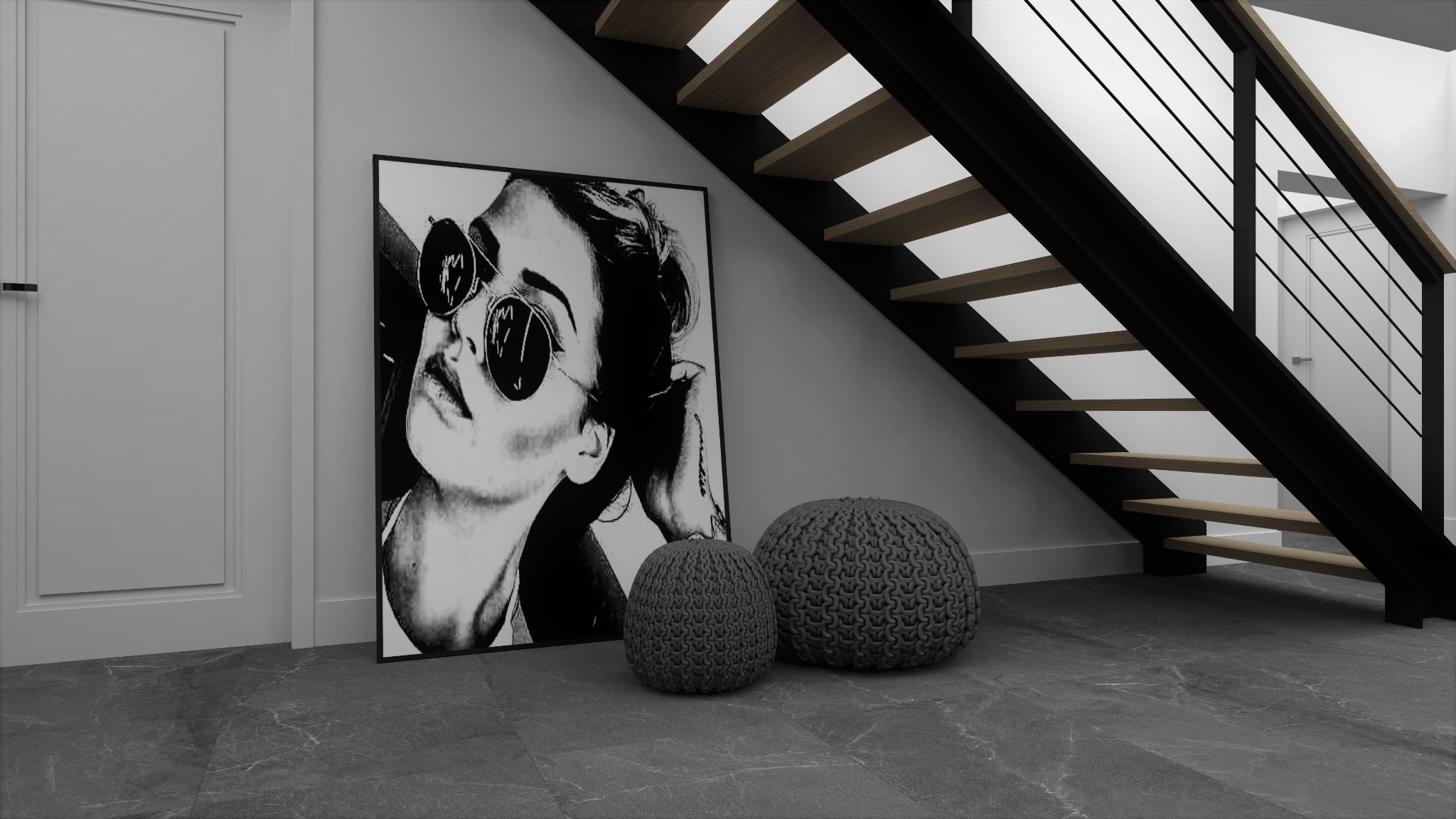 Aranżacja minimalistycznego wnętrza w Lublinie z czarno-białym portretem kobiety w okularach, dwoma pufami z dzianiny i schodami z drewnianymi stopniami.