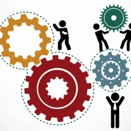 Grafika przedstawia stylizowane postacie ludzkie w interakcji z kolorowymi kołami zębatymi na białym tle, sugerując pracę zespołową i mechanizmy działania.