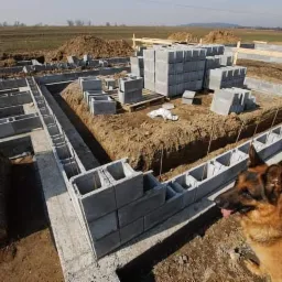 Budowa fundamentów z bloczków betonowych zbrojonych stalą, widok z ziemi z psem rasy owczarek niemiecki na pierwszym planie, w tle pole uprawne i ułożone bloczki na palecie.