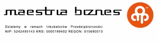 Logo 'Maestria biznes' z pomarańczowym symbolem i danymi rejestrowymi. Napis w nowoczesnej czcionce, poniżej informacje o inkubatorze przedsiębiorczości i numery NIP, KRS, REGON.