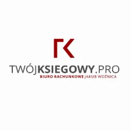 Logo biura rachunkowego: czerwony znak graficzny nad tekstem 'TWÓJKSIEGOWY.PRO' i 'BIURO RACHUNKOWE JAKUB WOŹNICA' na białym tle.