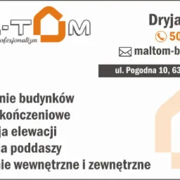 Wizytówka firmy budowlanej Dryja Tomasz, oferującej docieplanie budynków, prace wykończeniowe, renowację elewacji, adaptację poddaszy oraz malowanie wewnętrzne i zewnętrzne, z logo MAL-TOM i danymi...