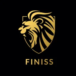 Elegancki złoty logotyp z lwem w tarczy na czarnym tle, poniżej nazwa firmy 'FINISS'. Minimalistyczny design.