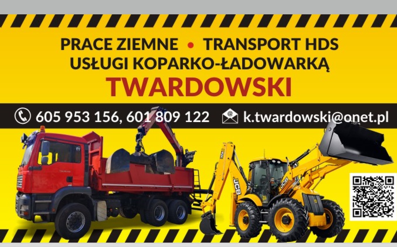 Żółto-czarna reklama firmy Twardowski z czerwonym samochodem ciężarowym i żółtą koparko-ładowarką JCB, prezentująca usługi prac ziemnych i transportu HDS z numerami telefonów i adresem e-mail.
