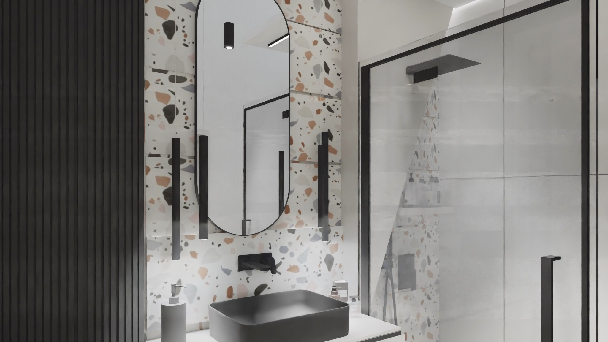 Nowoczesna łazienka z umywalką w kształcie prostokąta, owalnym lustrem z podświetleniem LED, kabiną prysznicową i ścianą z wzorem lastryko.